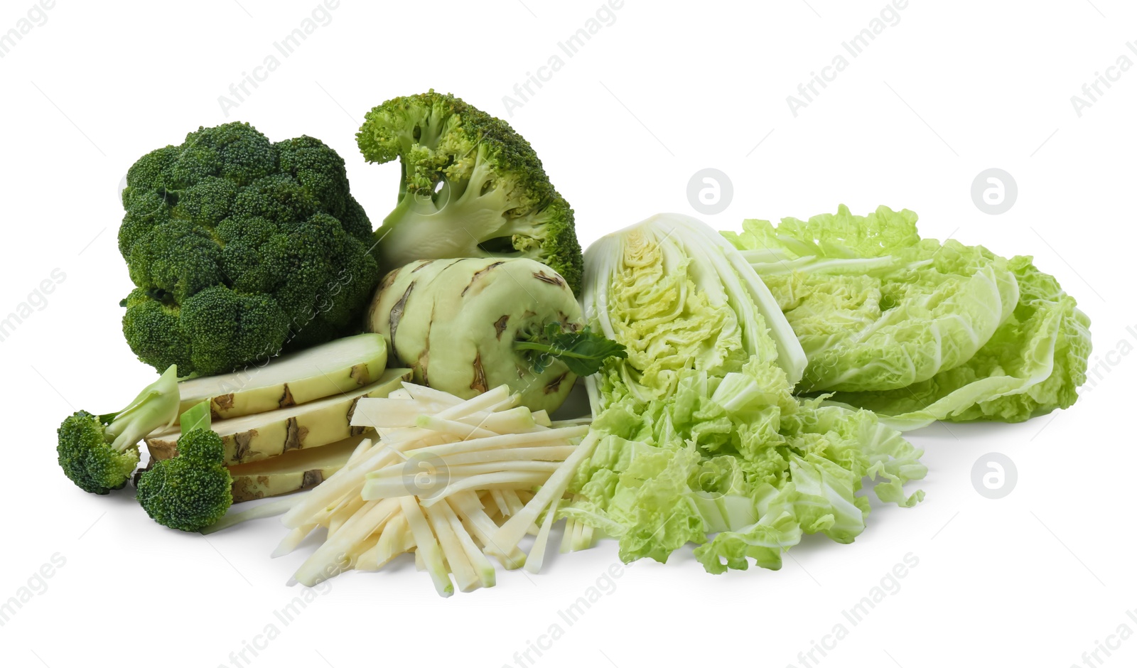 Photo of Different types of cut cabbage on white background