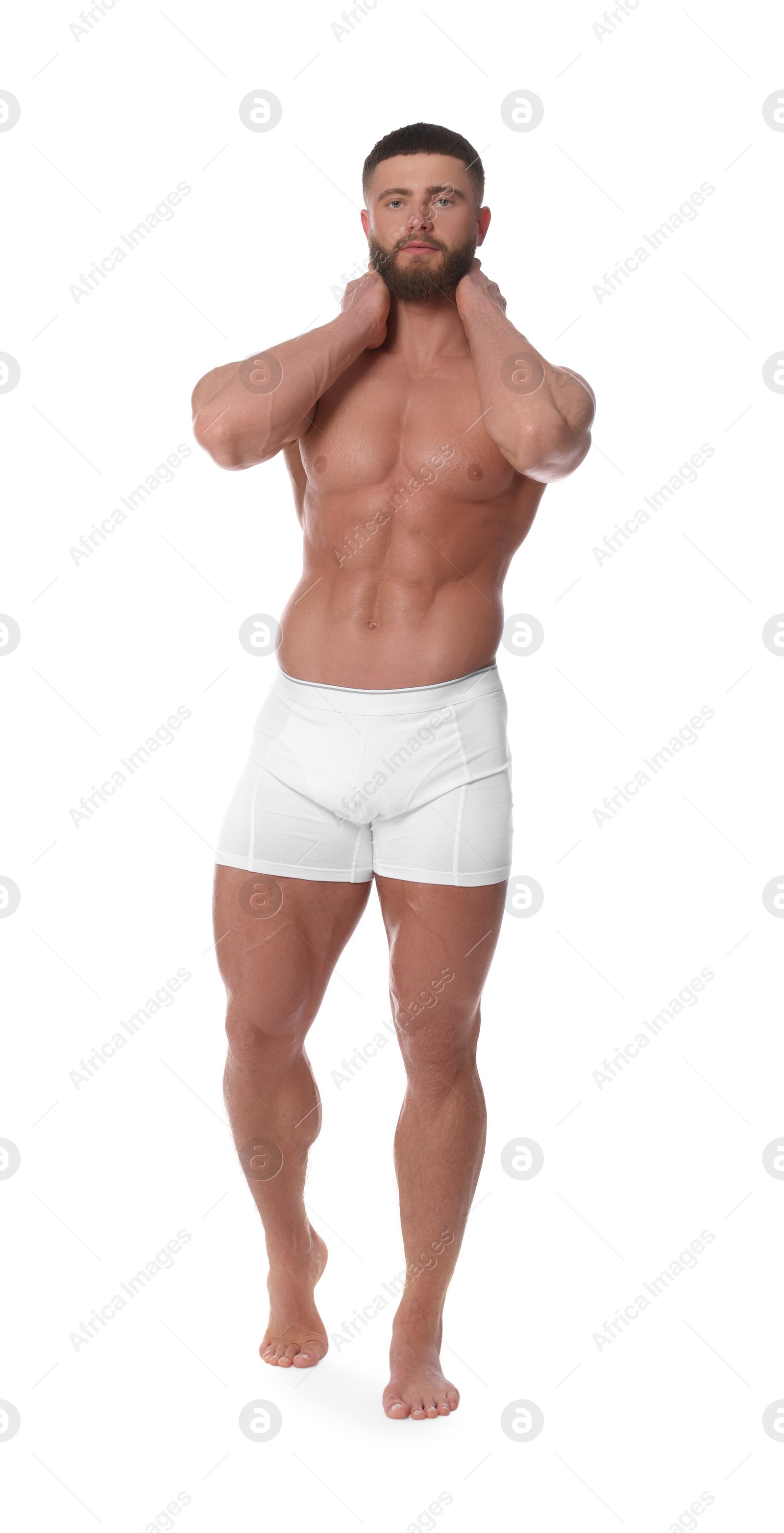 Photo of Young man is stylish underwear on white background