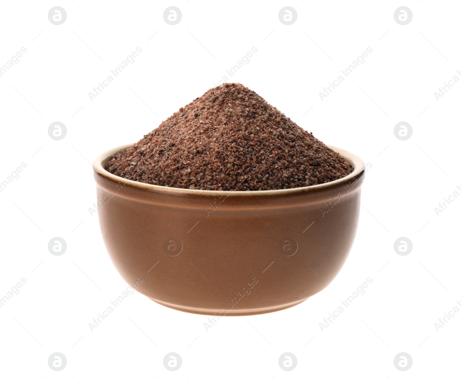 Photo of Ground black salt in bowl isolated on white