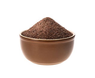 Ground black salt in bowl isolated on white