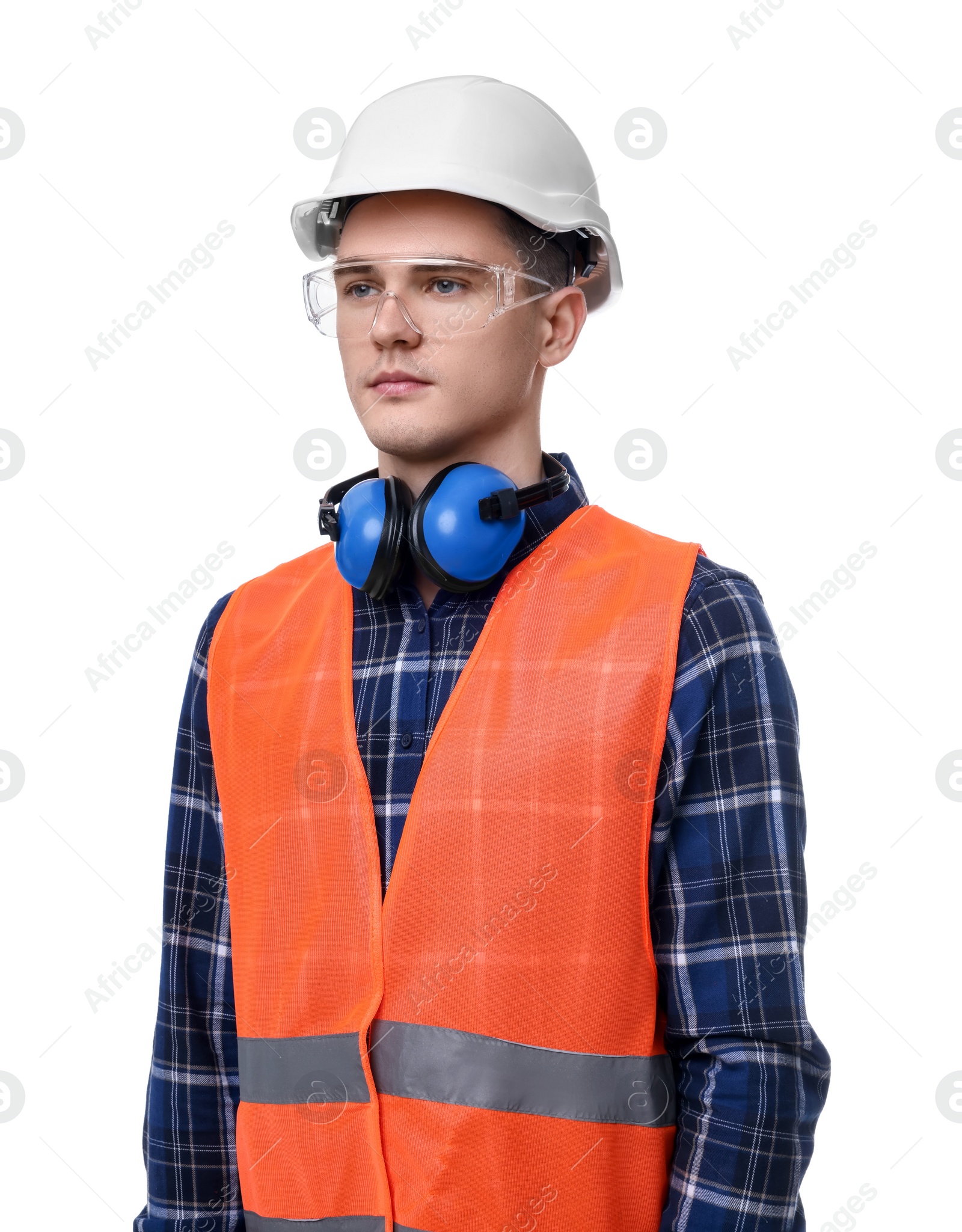 Photo of Young man wearing safety equipment on white background