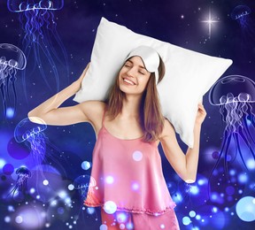 Image of Beautiful woman dreaming about fantastic underwater world while sleeping, night starry sky with full moon on background 