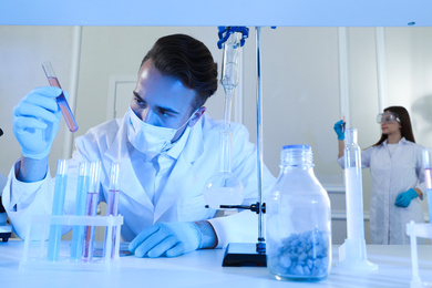 Scientist taking test tube from rack indoors. Laboratory analysis