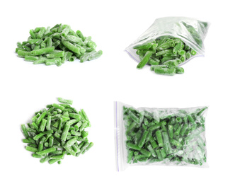 Image of Set of frozen green beans on white background. Vegetable preservation
