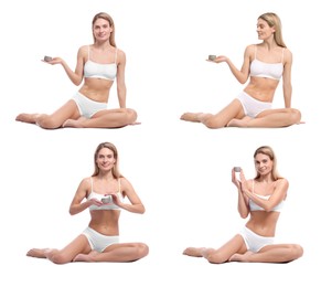 Photos of woman holding jar with body cream on white background, collage design