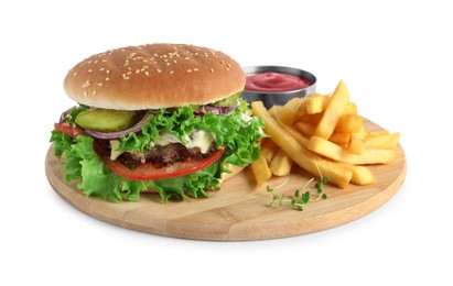 Delicious burger with beef patty, tomato sauce and french fries isolated on white