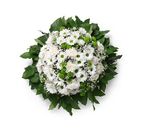 Funeral wreath of flowers on white background, top view