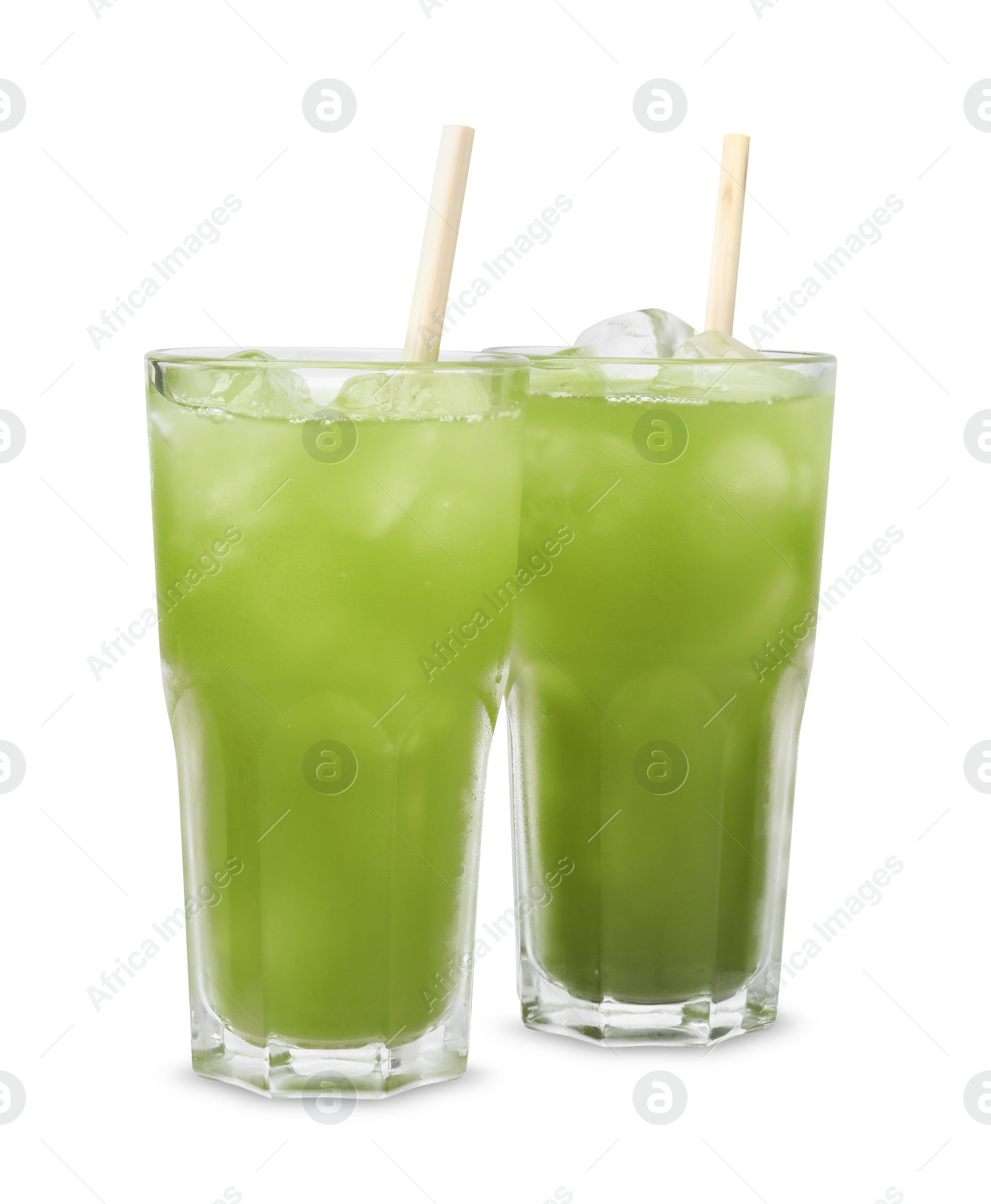 Photo of Delicious iced green matcha tea isolated on white