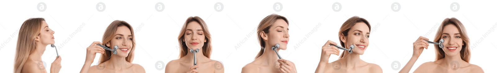 Image of Young woman using face roller on white background, collage. Banner design