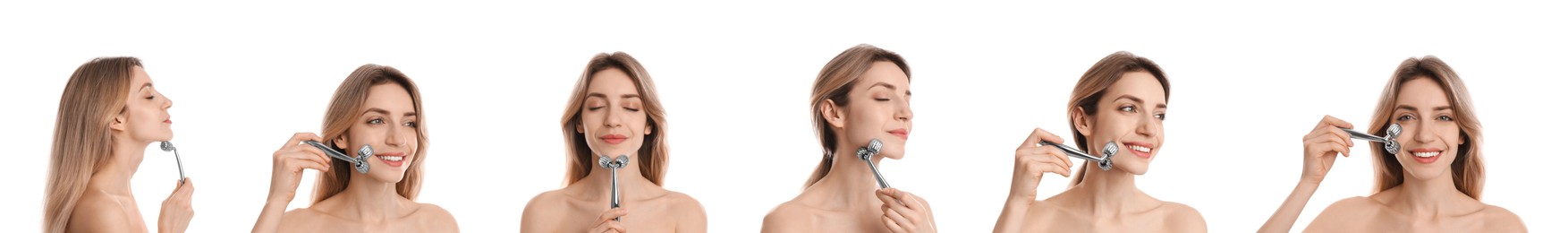 Young woman using face roller on white background, collage. Banner design