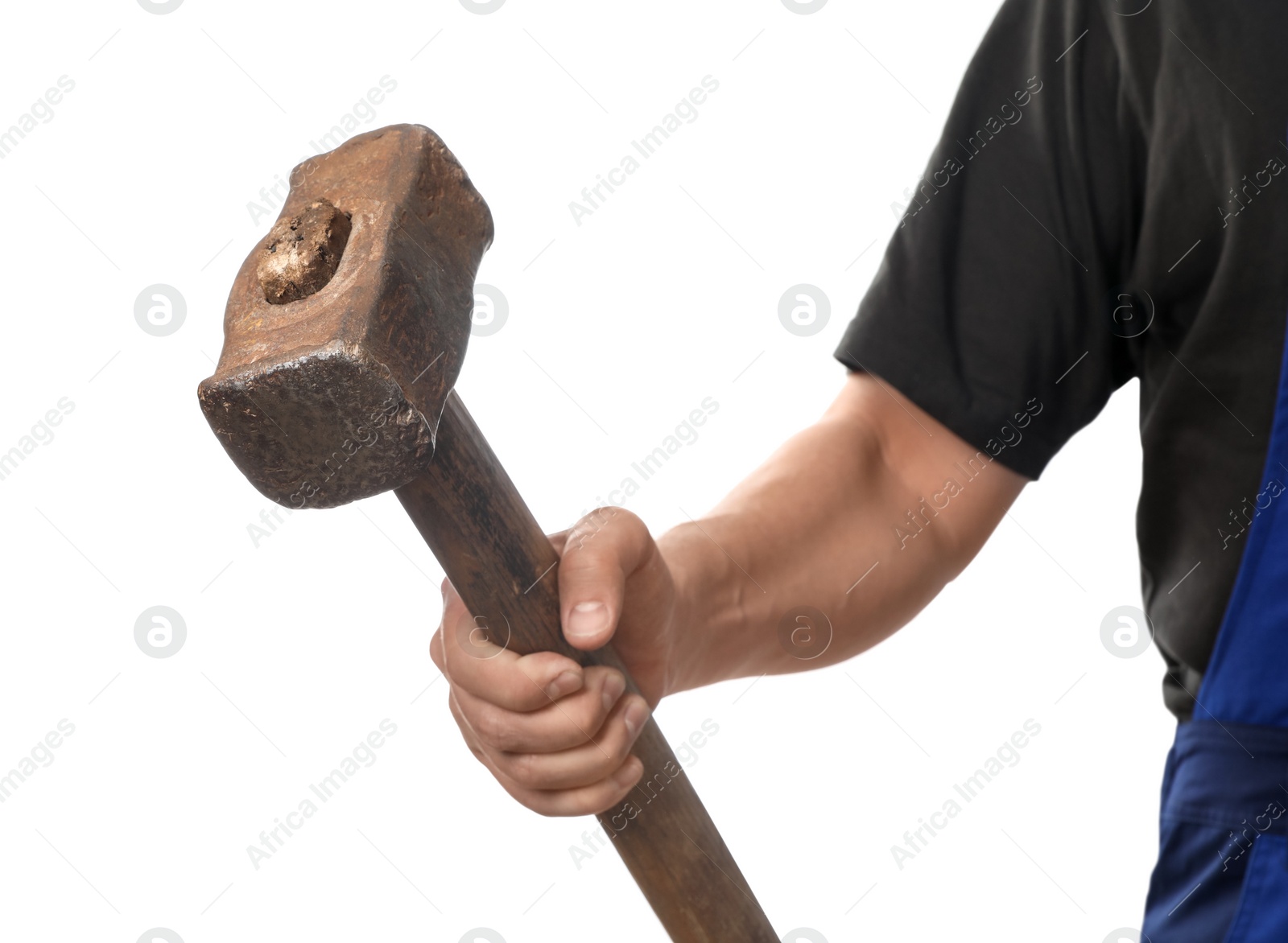 Photo of Man with sledgehammer on white background, closeup