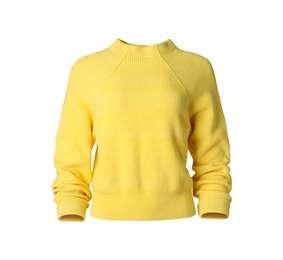 Stylish knitted yellow sweater isolated on white