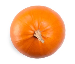 One fresh orange pumpkin isolated on white, top view