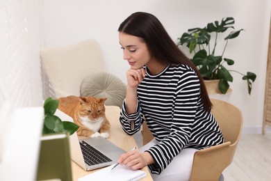 Photo of Woman working with laptop at home. Cute cat lying on wooden desk near owner