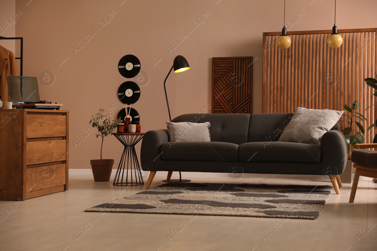 Photo of Stylish living room interior with comfortable dark sofa