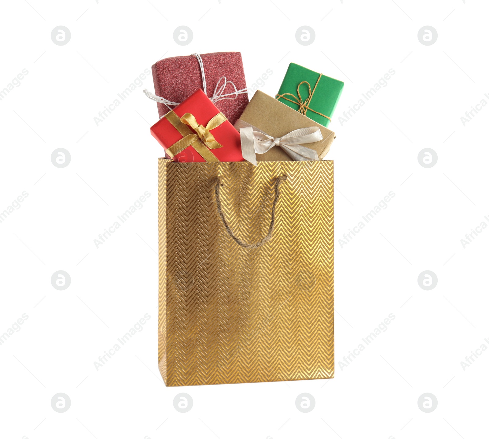 Photo of Shopping paper bag with presents isolated on white