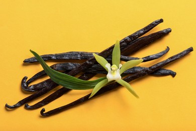 Photo of Vanilla pods, beautiful flower and green leaf on yellow background, top view