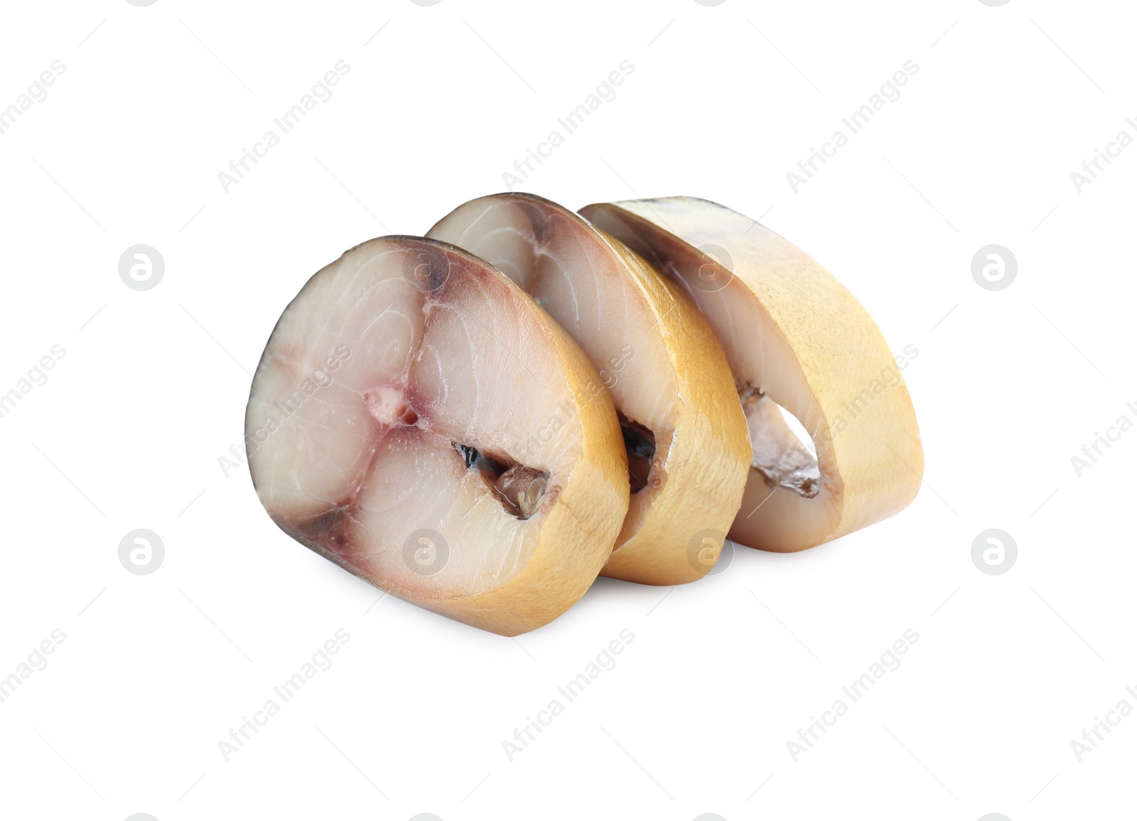 Photo of Slices of tasty smoked mackerel on white background