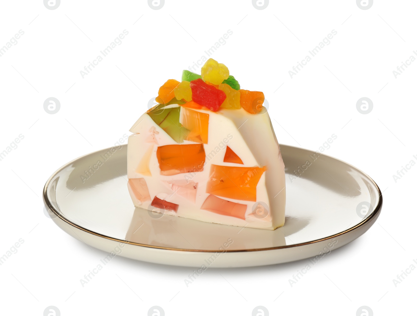 Photo of Plate with delicious broken glass jelly dessert on white background