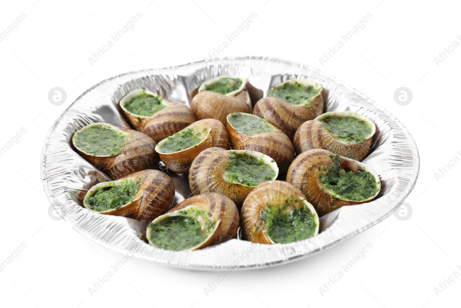 Photo of Many delicious cooked snails isolated on white