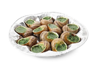 Photo of Many delicious cooked snails isolated on white