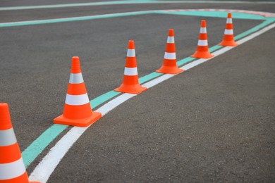 Driving school test track with marking lines and traffic cones