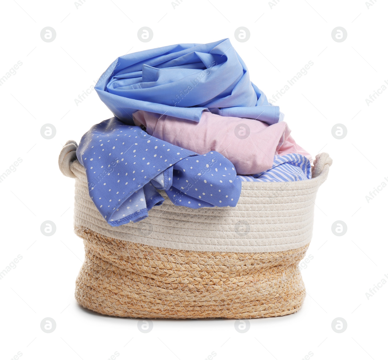 Photo of Wicker laundry basket full of clothes isolated on white