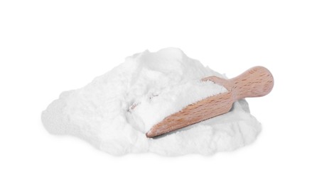 Photo of Wooden scoop of sweet powdered fructose isolated on white