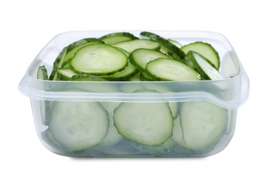 Photo of Fresh sliced cucumbers in plastic container isolated on white