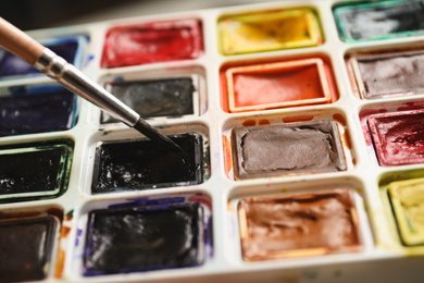 Photo of Brush and palette of watercolor paints, closeup view