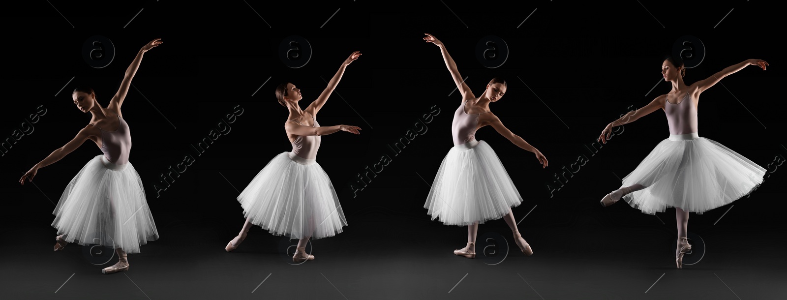 Image of Ballerina practicing dance moves on black background, set of photos