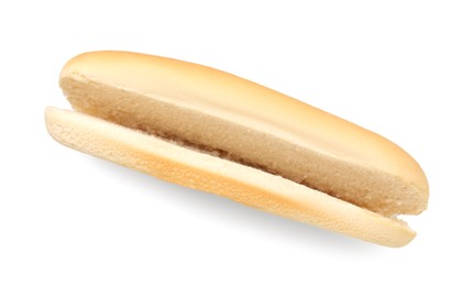 One fresh hot dog bun isolated on white, top view