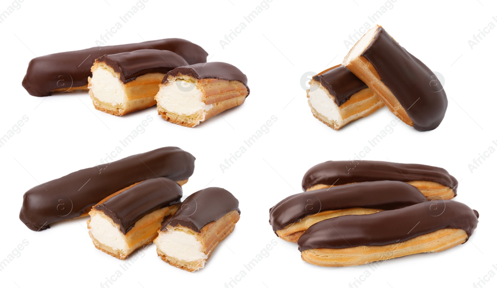 Image of Tasty eclairs covered with chocolate on white background, collage design