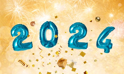Image of New 2024 Year. Blue number shaped balloons, gift boxes, baubles and confetti on golden background with fireworks