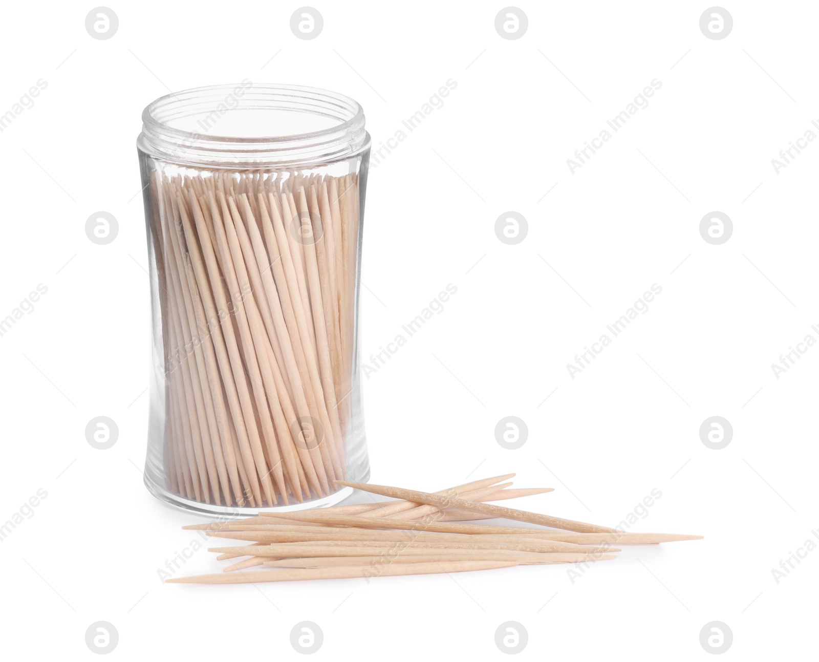 Photo of Wooden toothpicks and holder on white background