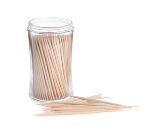 Wooden toothpicks and holder on white background