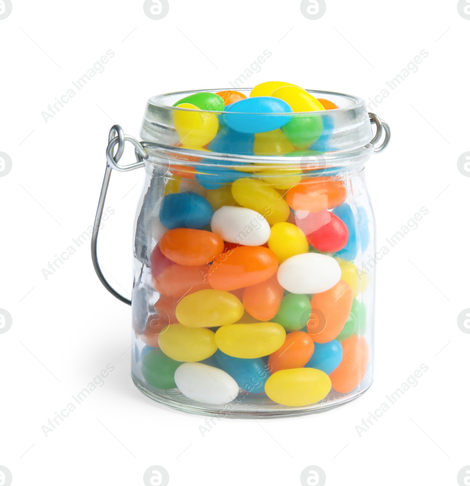 Photo of Jar of delicious color jelly beans isolated on white