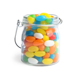 Jar of delicious color jelly beans isolated on white