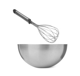 Metal balloon whisk and bowl on white background