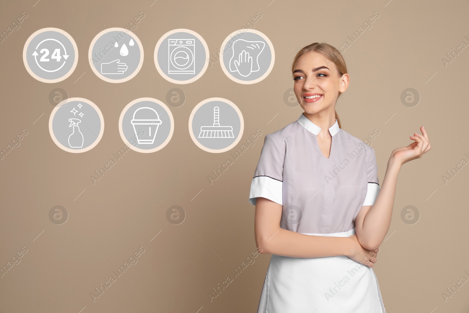 Image of Young chambermaid and different icons on beige background