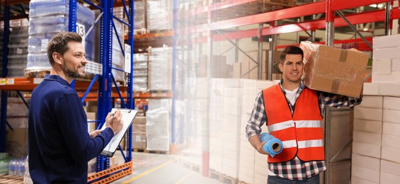 Image of Distribution. Happy manager and worker in warehouse, double exposure. Banner design