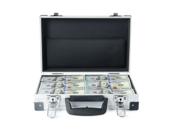 Photo of Open hard case full of money on white background