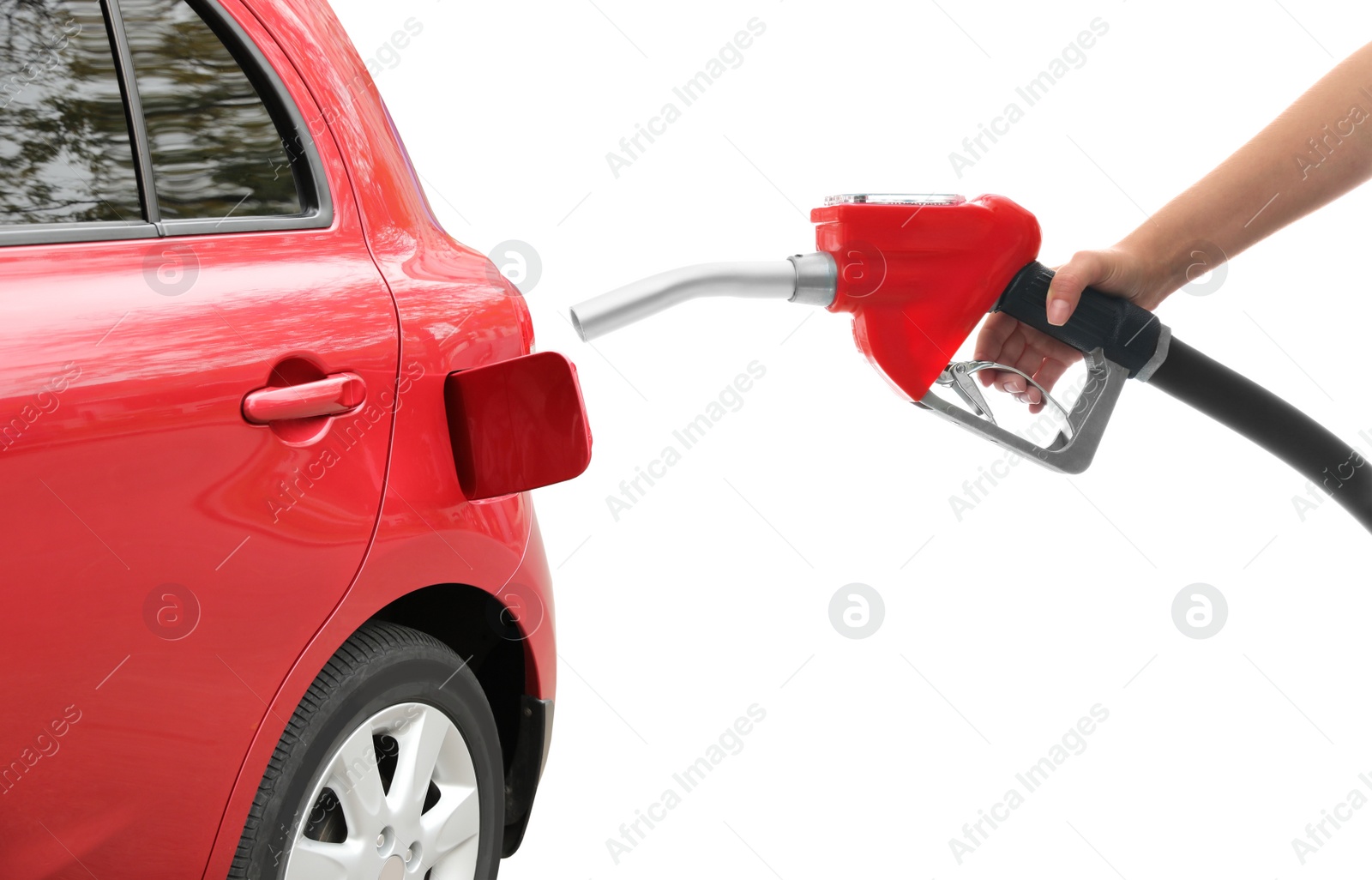 Image of Gas station worker with fuel nozzle near car on white background, closeup