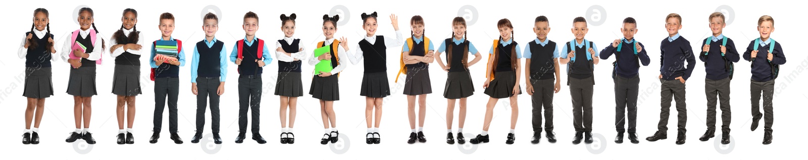 Image of Children in school uniforms on white background. Banner design