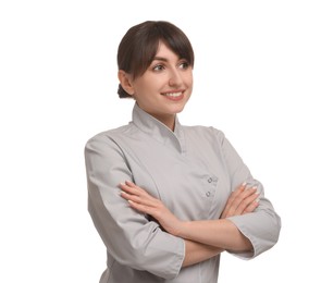 Photo of Cosmetologist in medical uniform on white background