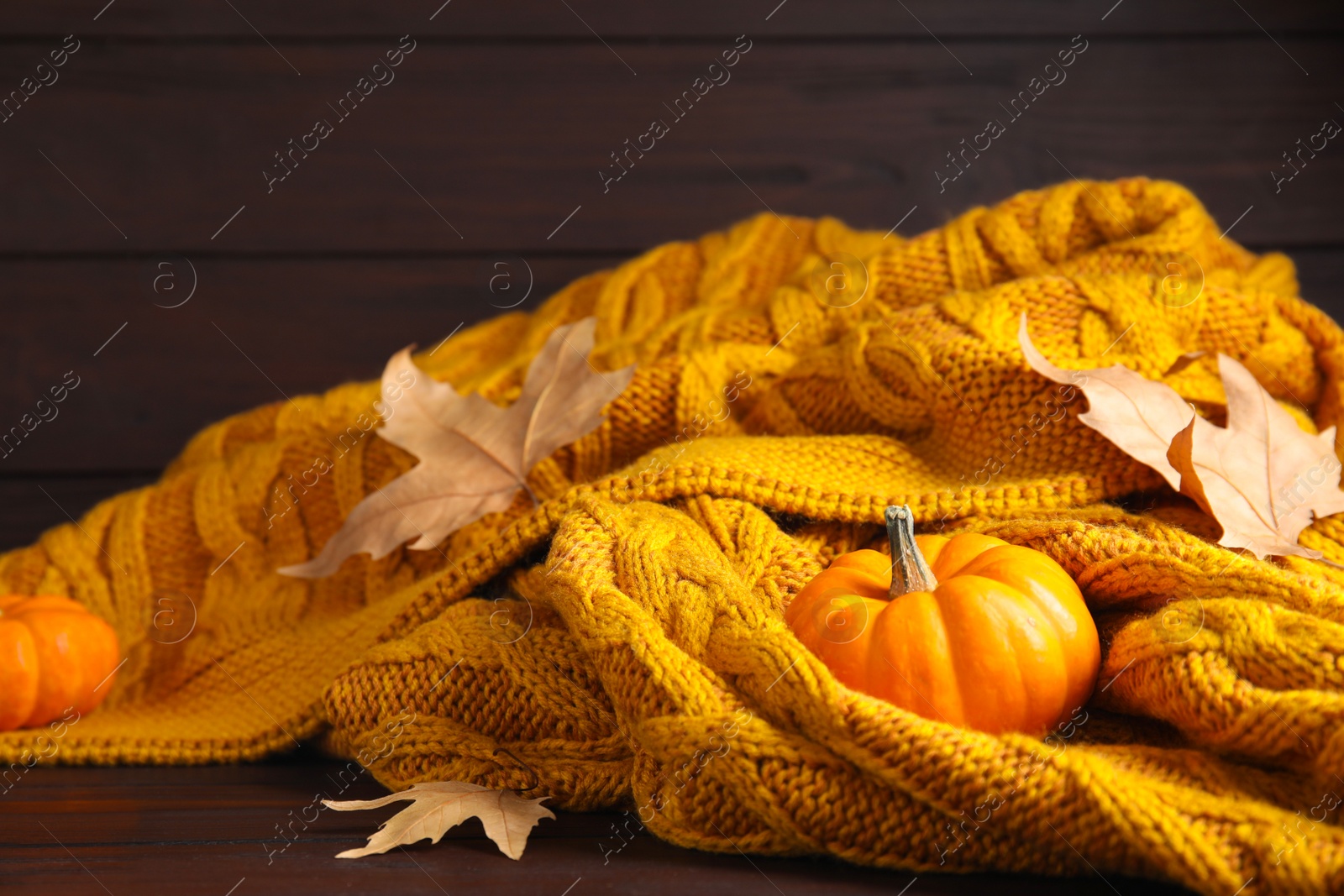 Photo of Orange knitted plaid with dry leaves and pumpkins on brown wooden table, closeup