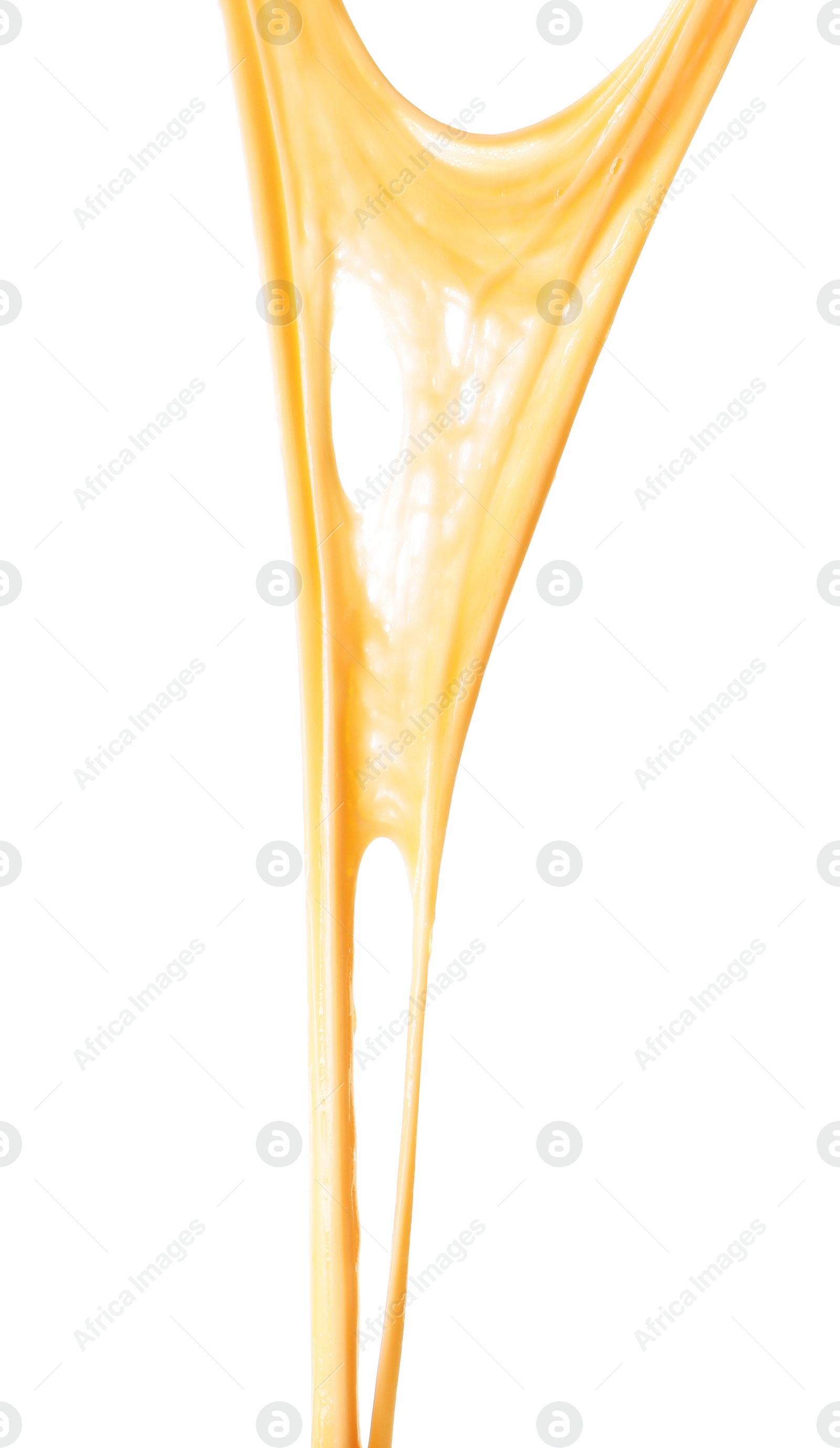 Photo of Stretching delicious melted cheese isolated on white