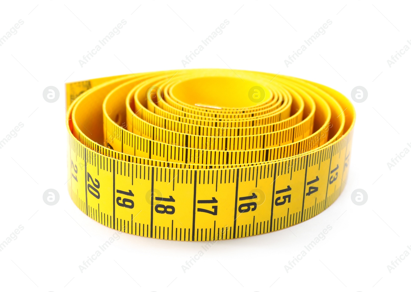 Photo of Long yellow measuring tape isolated on white