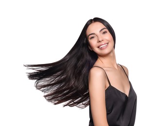 Portrait of beautiful young woman with healthy strong hair on white background