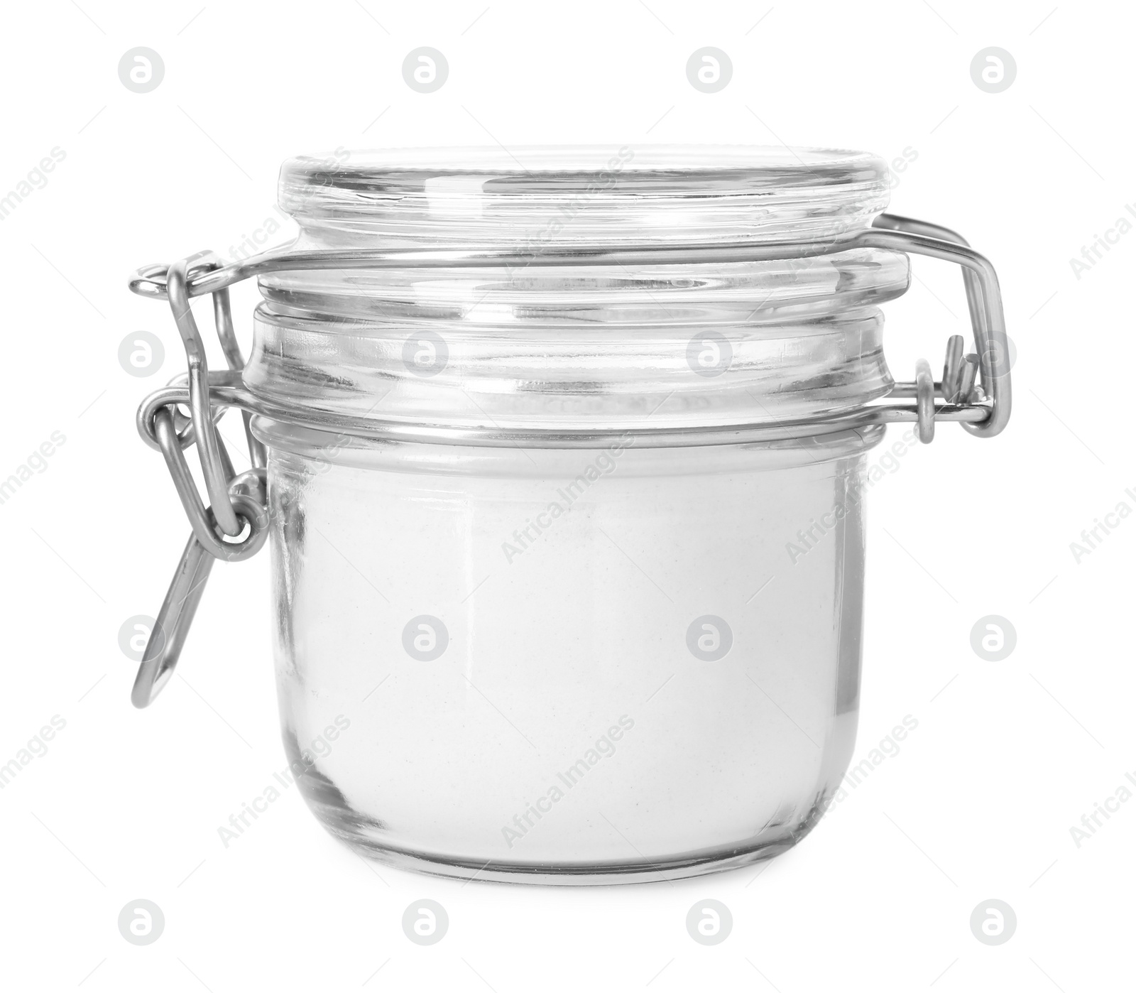 Photo of Baking powder in glass jar isolated on white